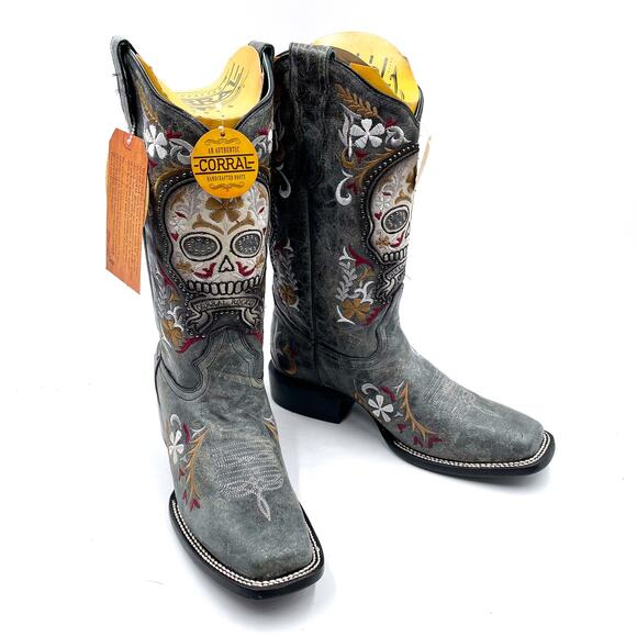 Corral E1587 Skull Embroidered Boots Gray Leather Mid-Calf...